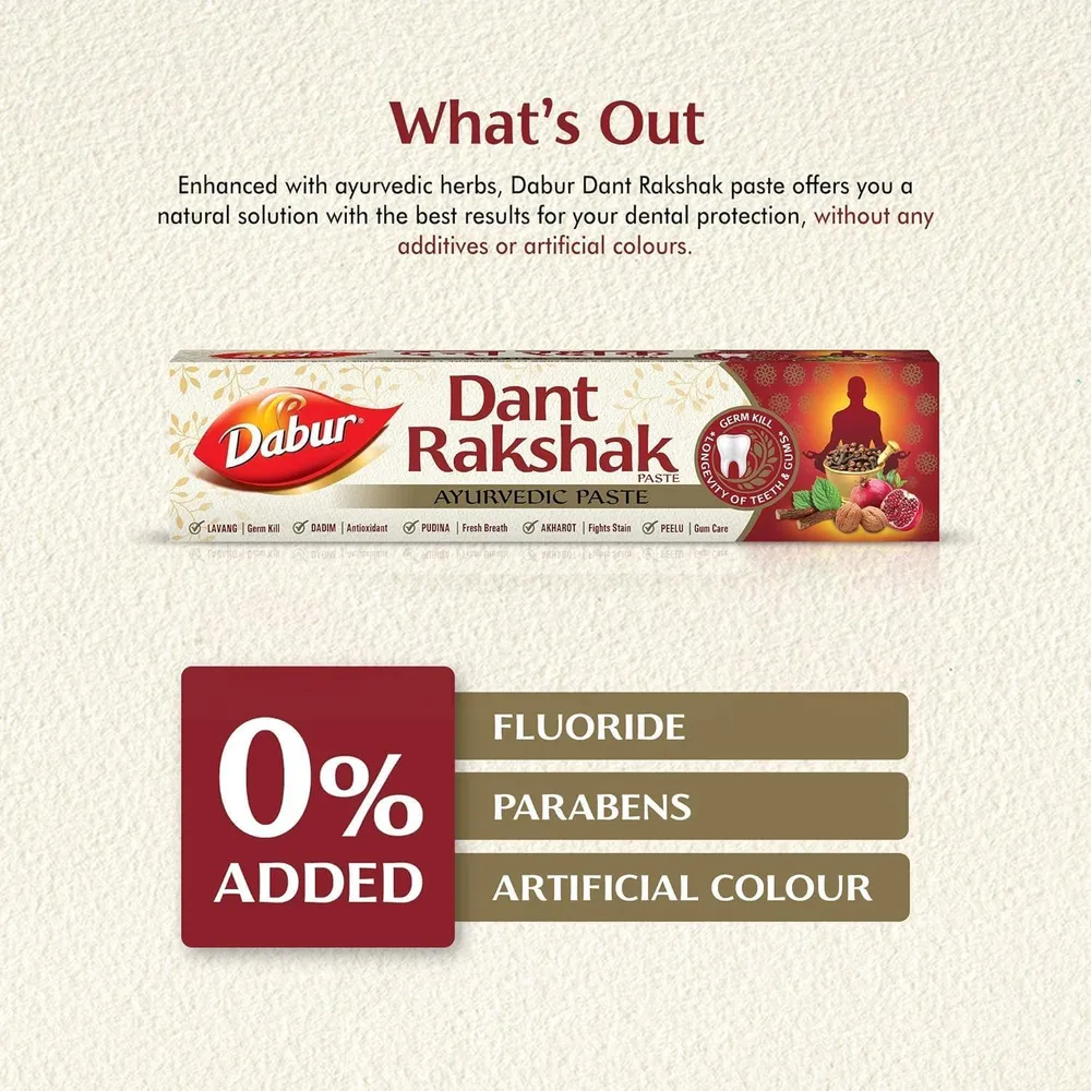 Dabur Dant Rakshak Ayurvedic Toothpaste - 700g (175g x 4) | With Goodness Of 32 Ayurvedic Herbs | Prevents & Calms Gum Pain | Kills Germs | Complete Family Toothpaste | No Added Fluorides & Parabens