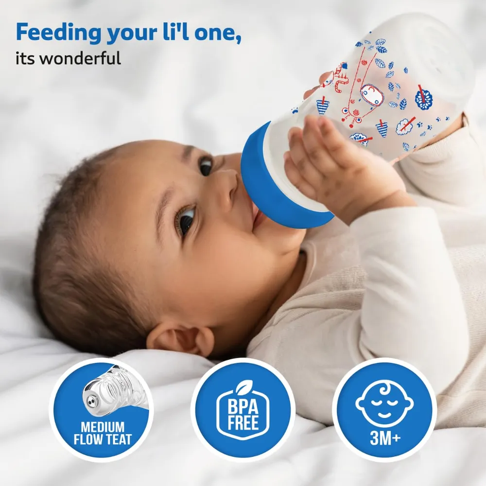 LuvLap Anti-Colic Slim/Regular Neck Essential Baby Plastic Feeding Bottle, 250Ml (Pack of 2), New Born/Infants/Toddler Upto 3 Years, Jungle Tales & Wild Flowers, BPA Free,Blue