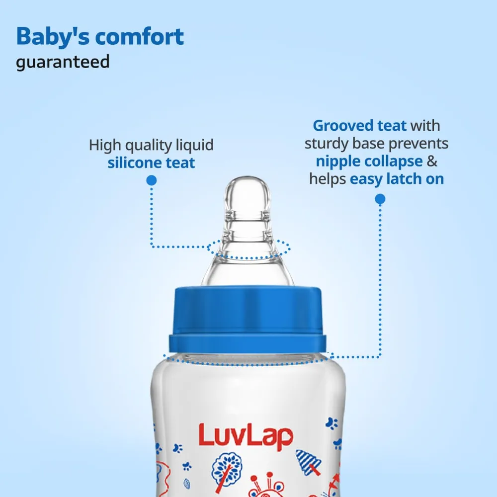 LuvLap Anti-Colic Slim/Regular Neck Essential Baby Plastic Feeding Bottle, 250Ml (Pack of 2), New Born/Infants/Toddler Upto 3 Years, Jungle Tales & Wild Flowers, BPA Free,Blue