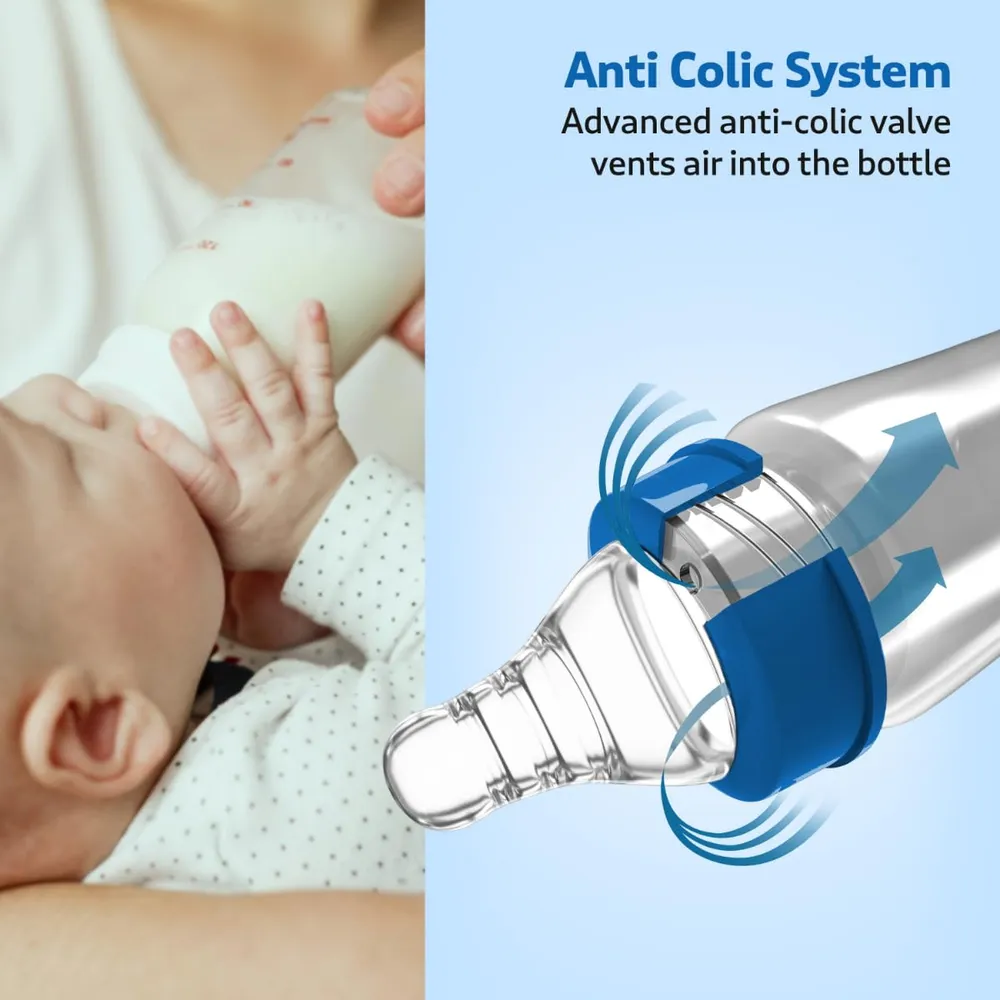 LuvLap Anti-Colic Slim/Regular Neck Essential Baby Plastic Feeding Bottle, 250Ml (Pack of 2), New Born/Infants/Toddler Upto 3 Years, Jungle Tales & Wild Flowers, BPA Free,Blue