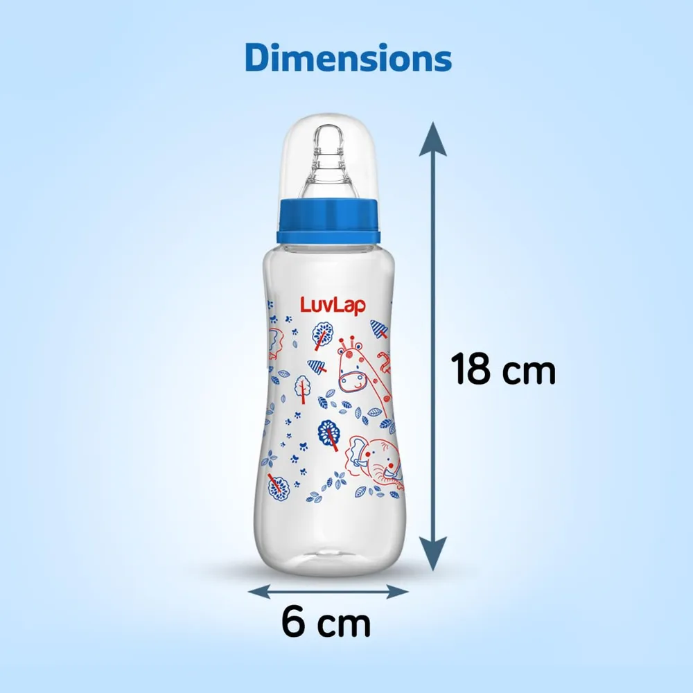 LuvLap Anti-Colic Slim/Regular Neck Essential Baby Plastic Feeding Bottle, 250Ml (Pack of 2), New Born/Infants/Toddler Upto 3 Years, Jungle Tales & Wild Flowers, BPA Free,Blue