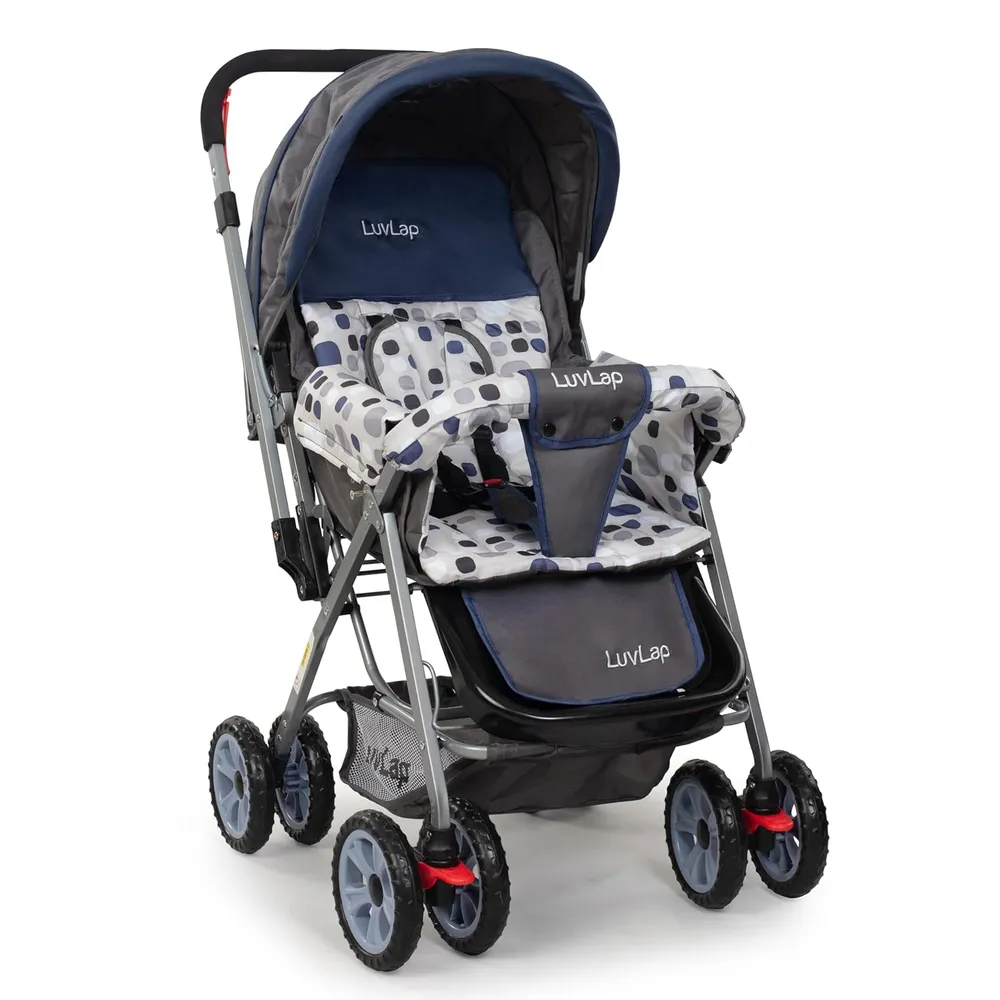 LuvLap Sunshine Baby Stroller/Pram for 0 to 3 Years, New Born/Toddler/Kid, 5 Point Safety Harness, Adjustable backrest, 360° Swivel Wheel, Large Storage Basket, Reversible Handlebar(Navy Blue)