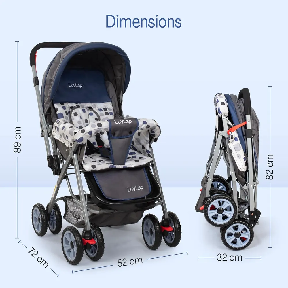 LuvLap Sunshine Baby Stroller/Pram for 0 to 3 Years, New Born/Toddler/Kid, 5 Point Safety Harness, Adjustable backrest, 360° Swivel Wheel, Large Storage Basket, Reversible Handlebar(Navy Blue)