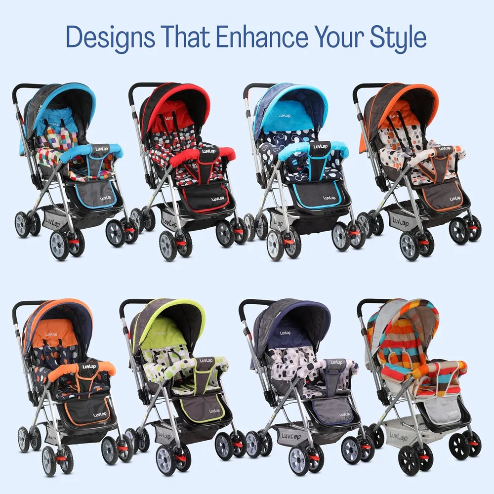 LuvLap Sunshine Baby Stroller/Pram for 0 to 3 Years, New Born/Toddler/Kid, 5 Point Safety Harness, Adjustable backrest, 360° Swivel Wheel, Large Storage Basket, Reversible Handlebar(Navy Blue)