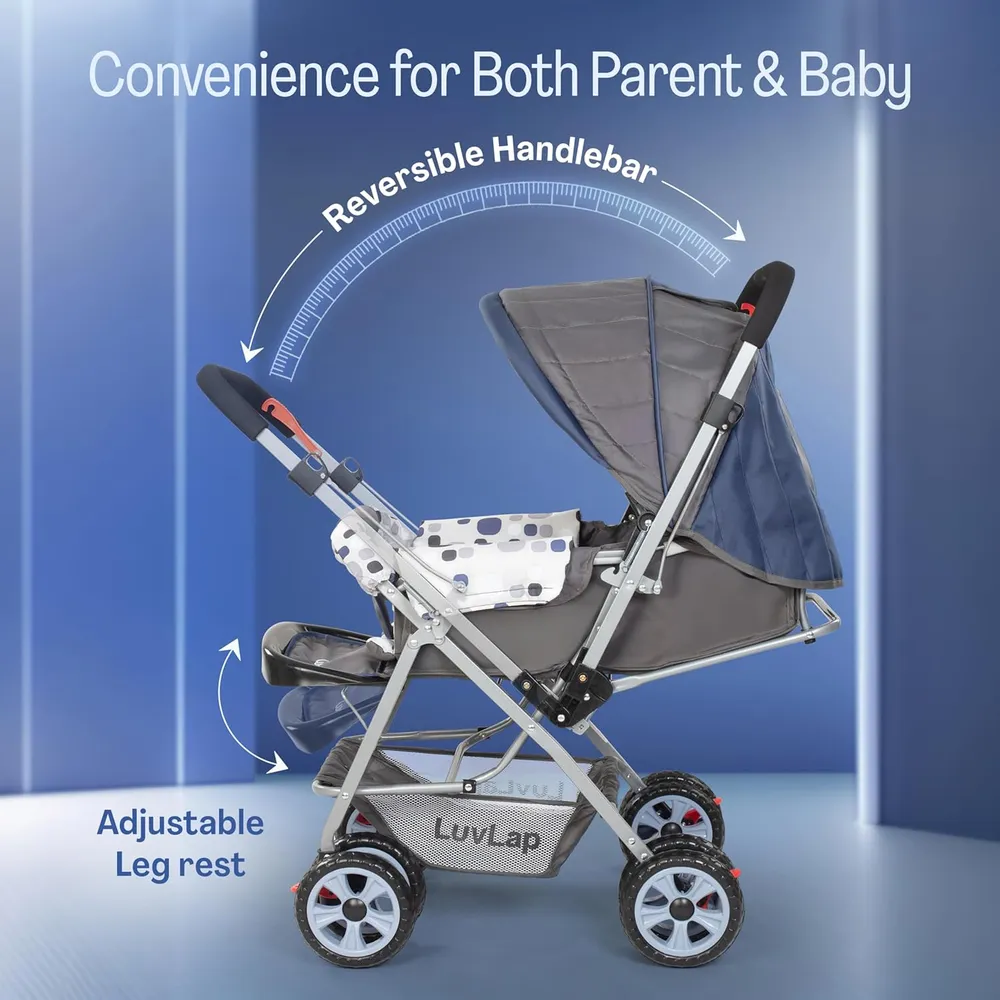LuvLap Sunshine Baby Stroller/Pram for 0 to 3 Years, New Born/Toddler/Kid, 5 Point Safety Harness, Adjustable backrest, 360° Swivel Wheel, Large Storage Basket, Reversible Handlebar(Navy Blue)