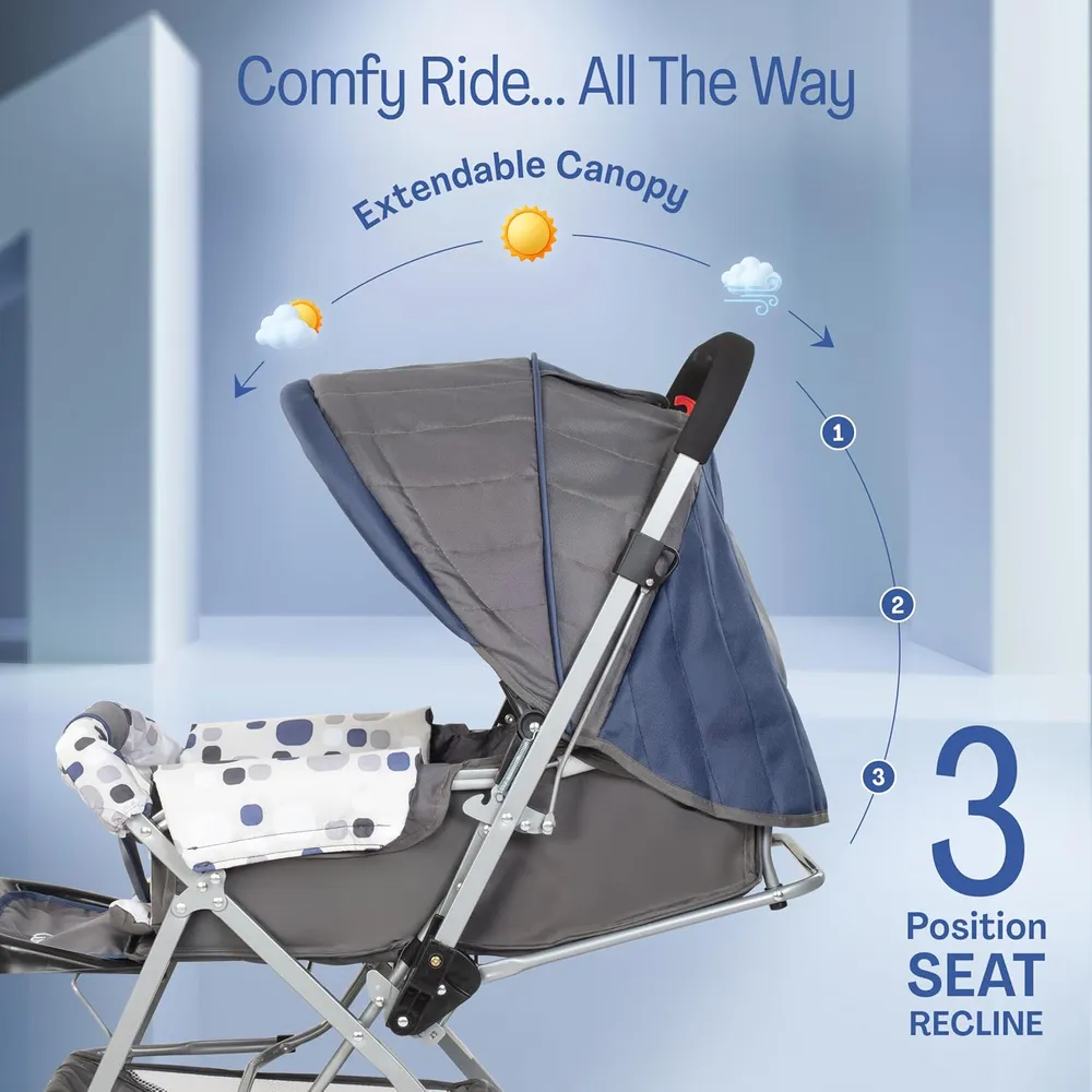 LuvLap Sunshine Baby Stroller/Pram for 0 to 3 Years, New Born/Toddler/Kid, 5 Point Safety Harness, Adjustable backrest, 360° Swivel Wheel, Large Storage Basket, Reversible Handlebar(Navy Blue)