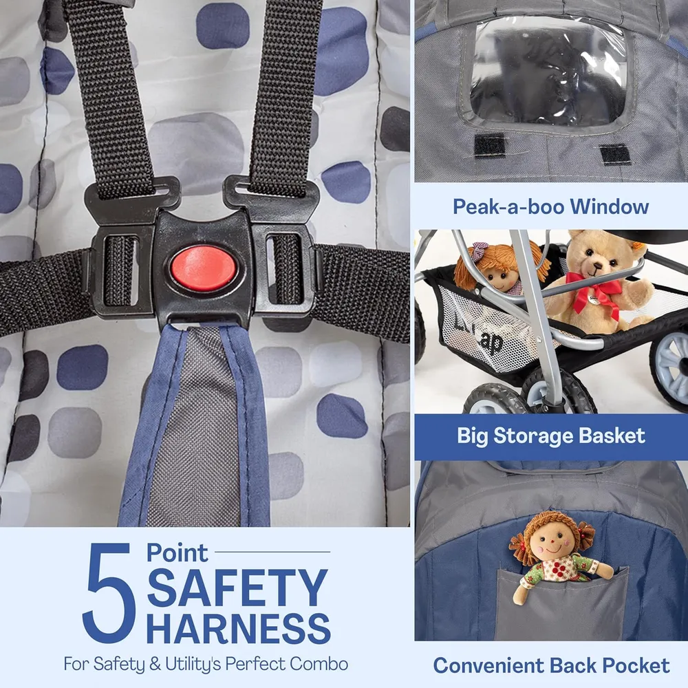 LuvLap Sunshine Baby Stroller/Pram for 0 to 3 Years, New Born/Toddler/Kid, 5 Point Safety Harness, Adjustable backrest, 360° Swivel Wheel, Large Storage Basket, Reversible Handlebar(Navy Blue)