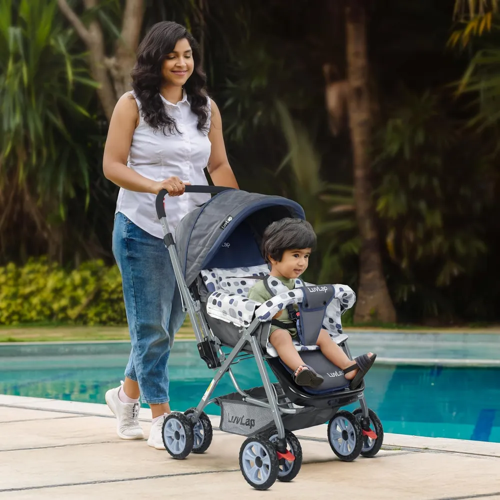 LuvLap Sunshine Baby Stroller/Pram for 0 to 3 Years, New Born/Toddler/Kid, 5 Point Safety Harness, Adjustable backrest, 360° Swivel Wheel, Large Storage Basket, Reversible Handlebar(Navy Blue)