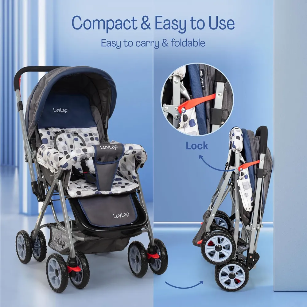 LuvLap Sunshine Baby Stroller/Pram for 0 to 3 Years, New Born/Toddler/Kid, 5 Point Safety Harness, Adjustable backrest, 360° Swivel Wheel, Large Storage Basket, Reversible Handlebar(Navy Blue)