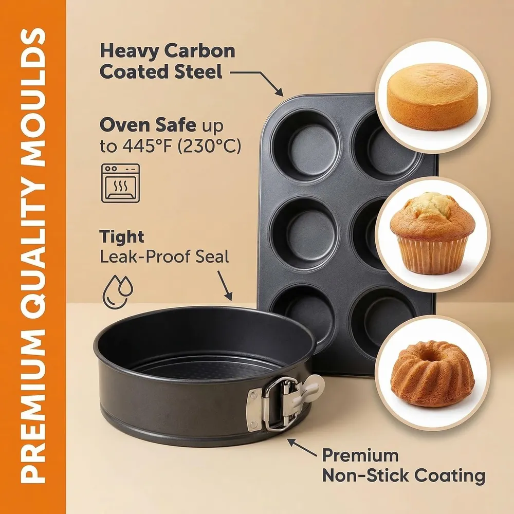 PureBake 8-Piece Bakeware Set | Carbon Steel Non-Stick Cake Moulds for OTG, Microwave & Oven | Baking Tins Combo for Cake, Muffin, Bread | Dishwasher Safe Baking Set