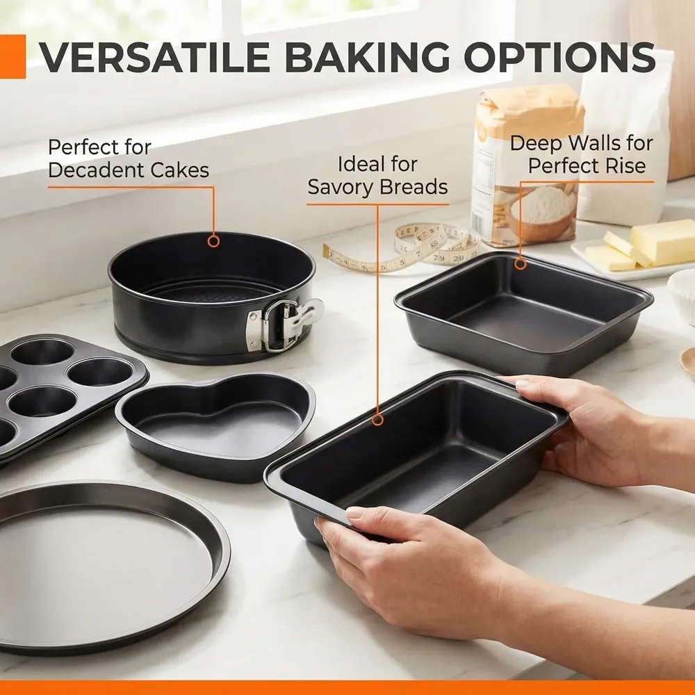 PureBake 8-Piece Bakeware Set | Carbon Steel Non-Stick Cake Moulds for OTG, Microwave & Oven | Baking Tins Combo for Cake, Muffin, Bread | Dishwasher Safe Baking Set