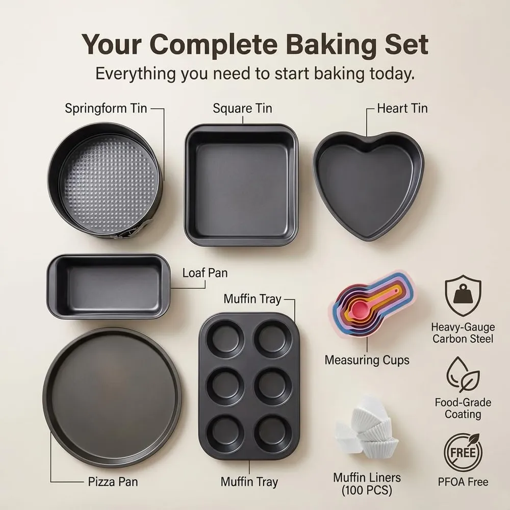 PureBake 8-Piece Bakeware Set | Carbon Steel Non-Stick Cake Moulds for OTG, Microwave & Oven | Baking Tins Combo for Cake, Muffin, Bread | Dishwasher Safe Baking Set