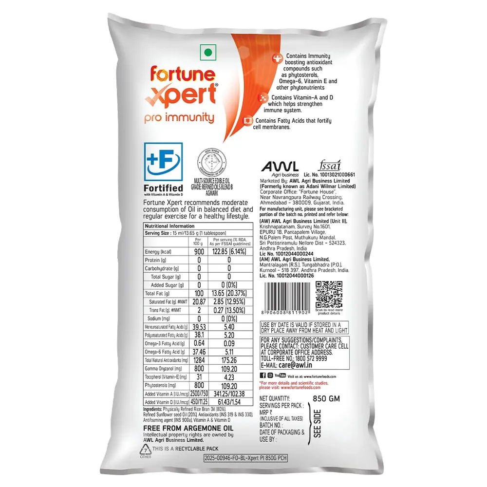 Fortune Xpert Pro Immunity Oil 850g pouch | Blend of Rice Bran Oil & Refined Sunflower Oil |Oil to Boost Immunity