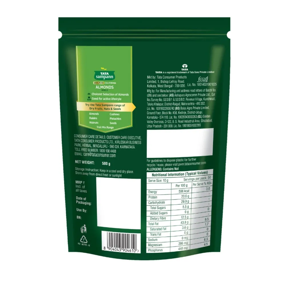 Tata Sampann Pure California Almonds/Badam Whole, 500g, Real Nuts, High in Fiber, Badam Giri, Rich in Protein, Magnesium, Phosphorus and Dietary Fibre, Nuts & Dry Fruits