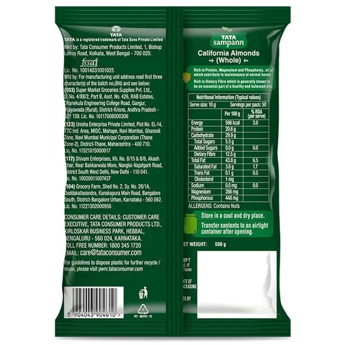 Tata Sampann Pure California Almonds/Badam Whole, 500g, Real Nuts, High in Fiber, Badam Giri, Rich in Protein, Magnesium, Phosphorus and Dietary Fibre, Nuts & Dry Fruits