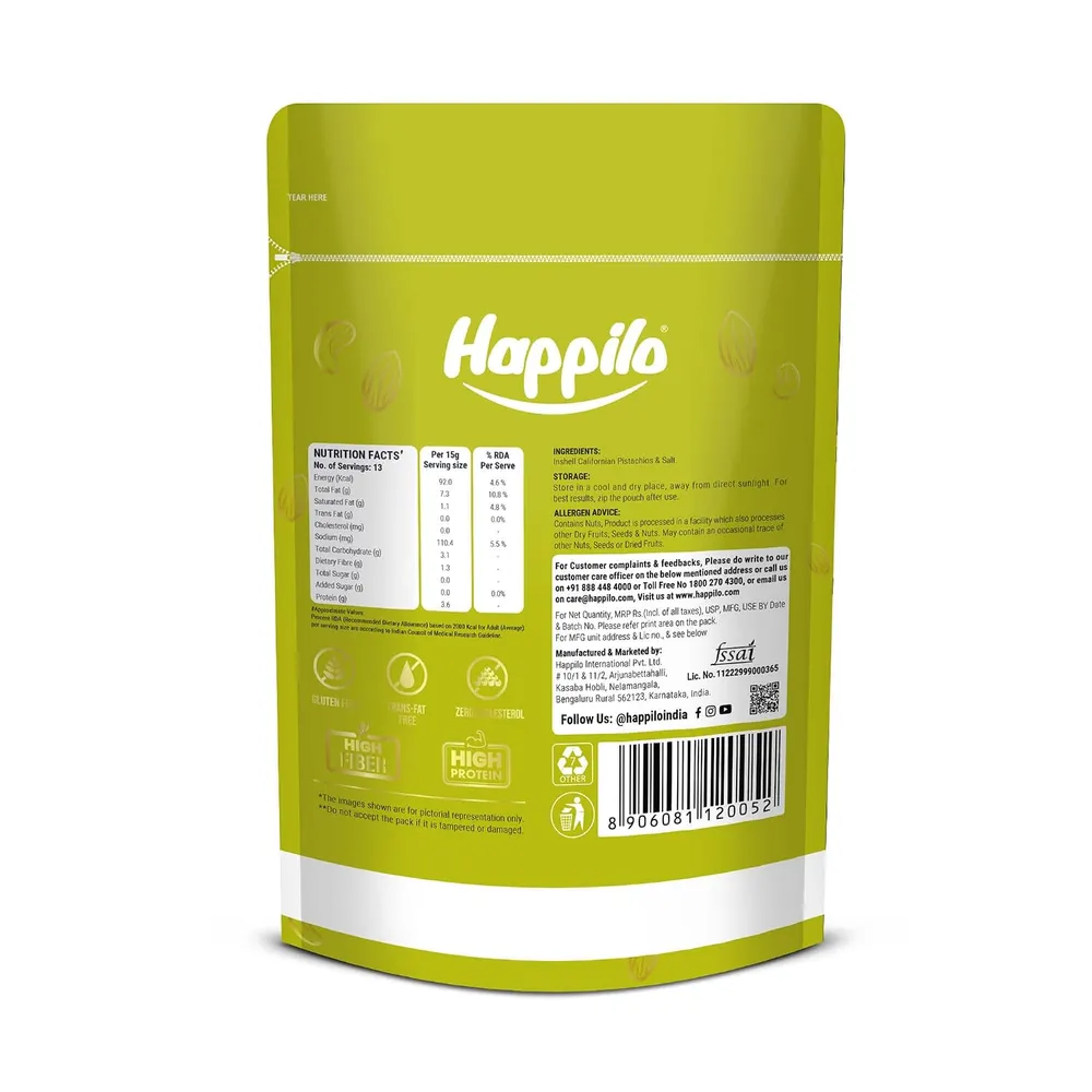 Happilo Premium California Roasted & Salted Pistachios 200g | Healthy Snacks, Dry Fruits, Pista | Tasty & Healthy | High in Protein & Dietary Fiber | Low Calorie Nuts