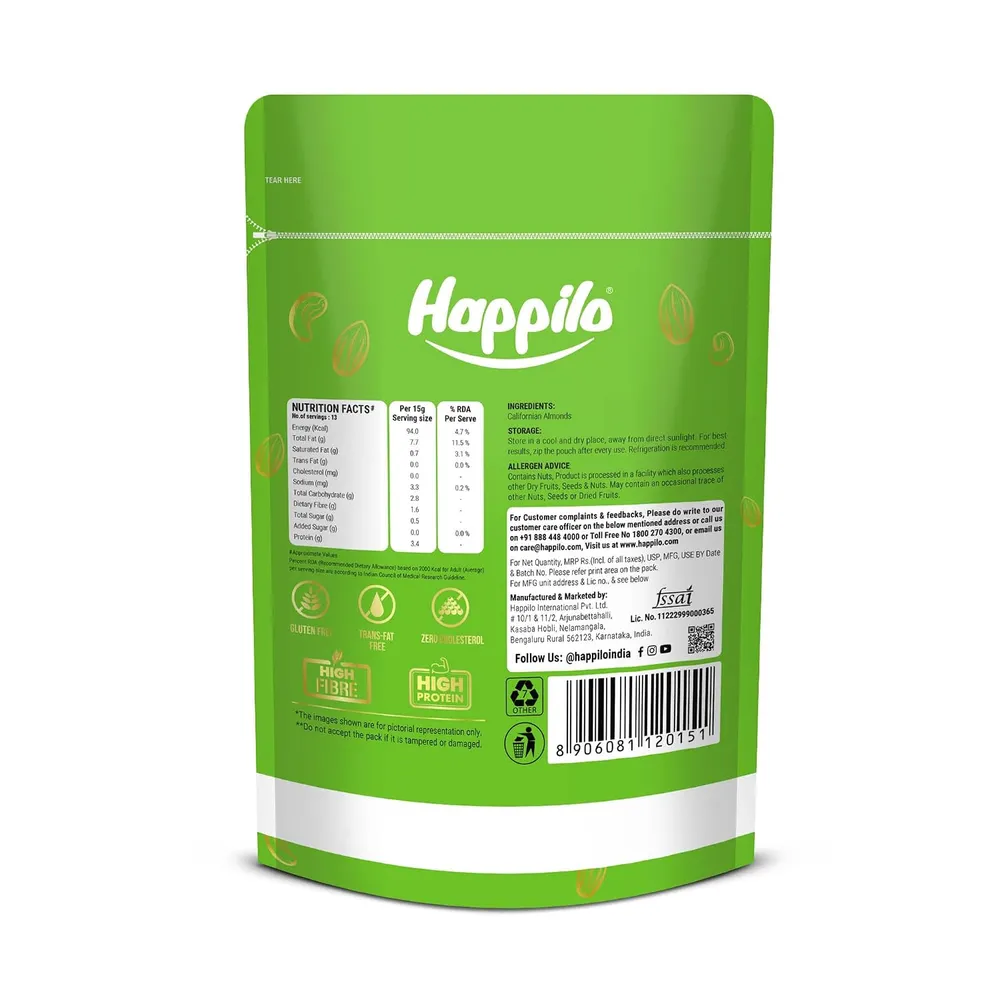 Happilo Premium Natural Californian Almonds 200g | Badam Giri, Healthy Snacks, Dry Fruits | Crunchy Nuts | High in Fiber | Rich in Protein | Magnesium | Phosphorus | Dietary Fibre | Zero Cholesterol