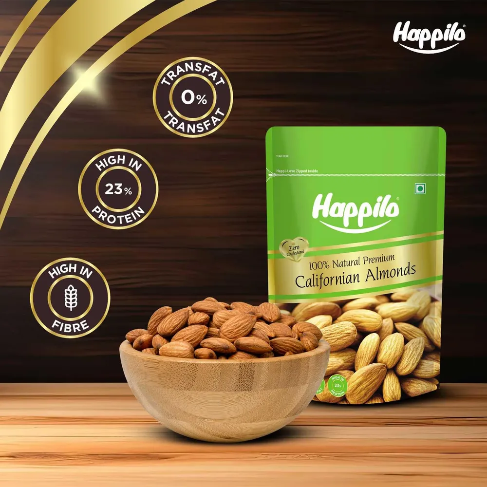 Happilo Premium Natural Californian Almonds 200g | Badam Giri, Healthy Snacks, Dry Fruits | Crunchy Nuts | High in Fiber | Rich in Protein | Magnesium | Phosphorus | Dietary Fibre | Zero Cholesterol