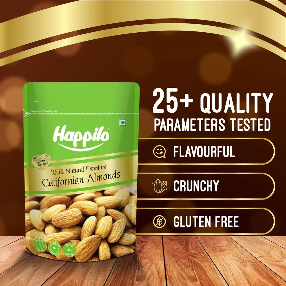 Happilo Premium Natural Californian Almonds 200g | Badam Giri, Healthy Snacks, Dry Fruits | Crunchy Nuts | High in Fiber | Rich in Protein | Magnesium | Phosphorus | Dietary Fibre | Zero Cholesterol