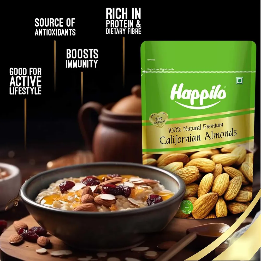 Happilo Premium Natural Californian Almonds 200g | Badam Giri, Healthy Snacks, Dry Fruits | Crunchy Nuts | High in Fiber | Rich in Protein | Magnesium | Phosphorus | Dietary Fibre | Zero Cholesterol