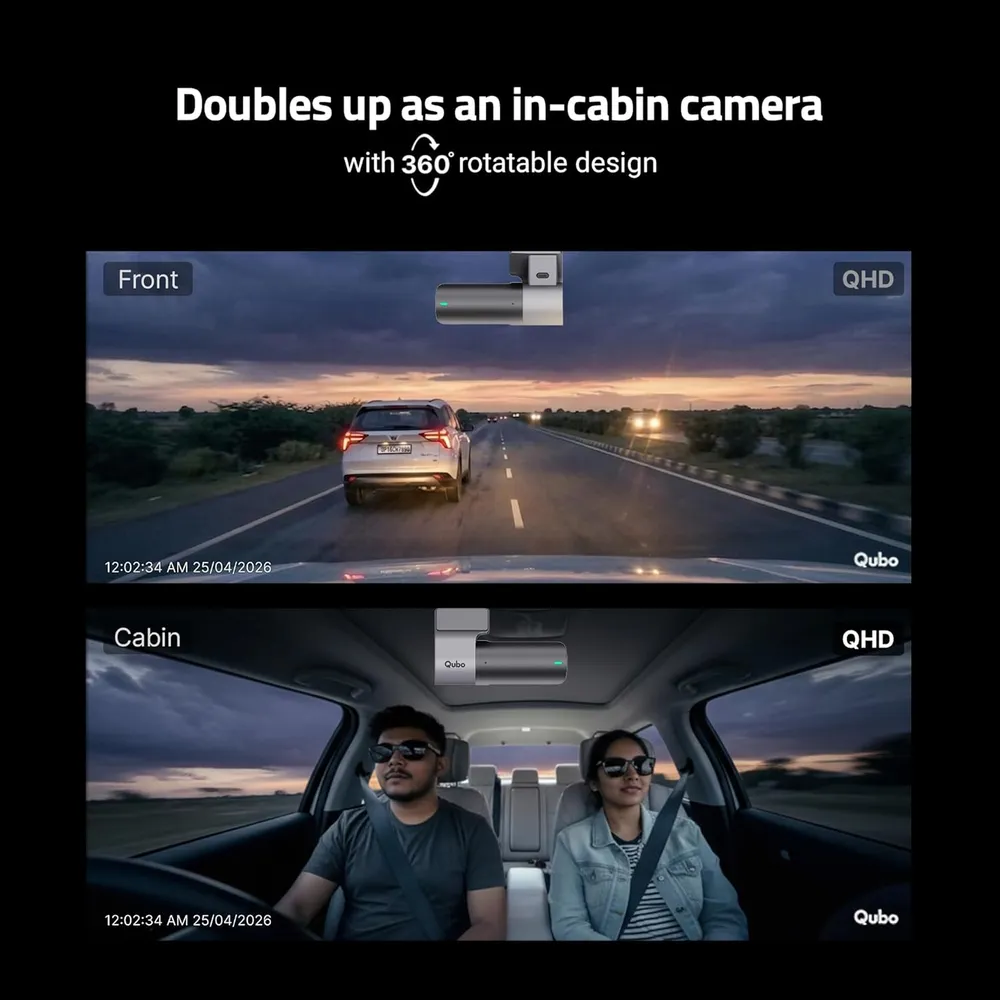 Qubo Car Dashcam [New Launch] Pro 2K Front + Rear by Hero Group | Dual Channel Dash Cam | Wide Angle View | G-Sensor | Wi-Fi | Emergency Recording | Supports Up to 1 TB SD Card