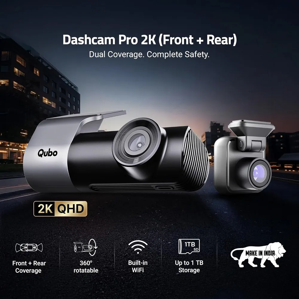Qubo Car Dashcam [New Launch] Pro 2K Front + Rear by Hero Group | Dual Channel Dash Cam | Wide Angle View | G-Sensor | Wi-Fi | Emergency Recording | Supports Up to 1 TB SD Card