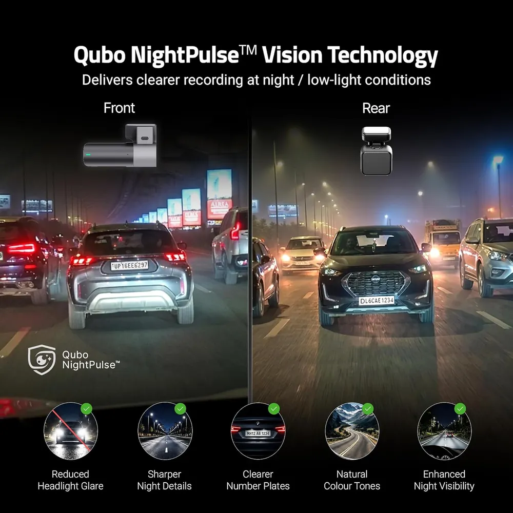 Qubo Car Dashcam [New Launch] Pro 2K Front + Rear by Hero Group | Dual Channel Dash Cam | Wide Angle View | G-Sensor | Wi-Fi | Emergency Recording | Supports Up to 1 TB SD Card