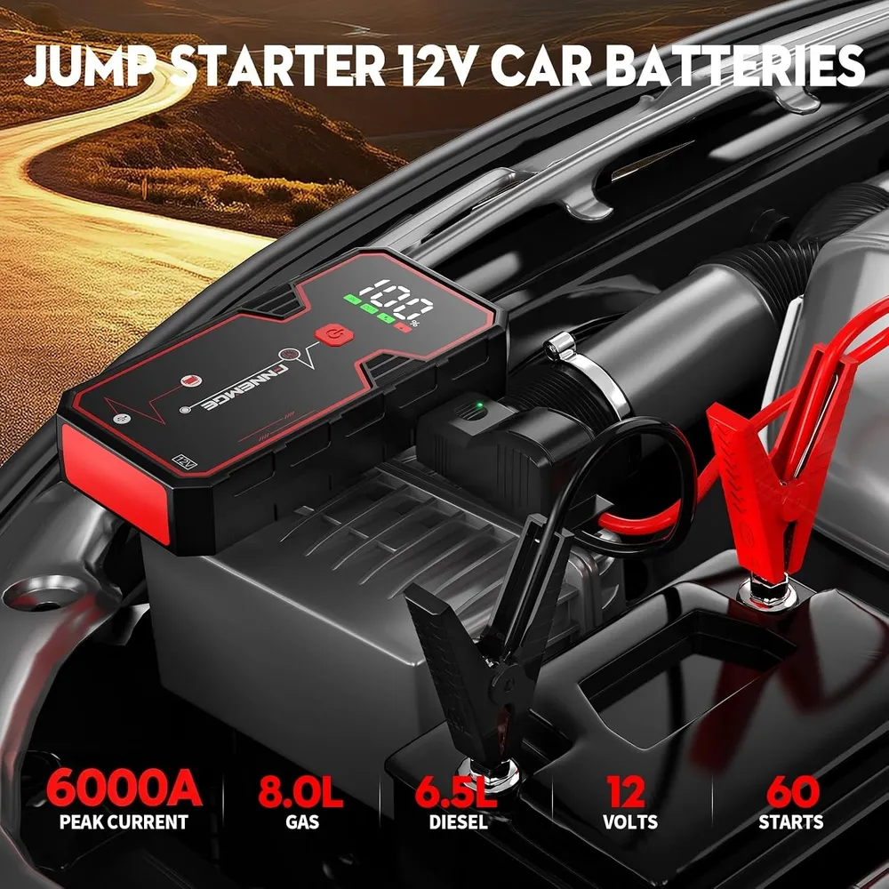FNNEMGE Car Jump Starter 6000A Peak 21800mAh 12V Super Safe Jump Starter(Up to 8.0L Gas or 6.5L Diesel Engine), with USB Charge Output Port,LED Light,HD Large Screen.