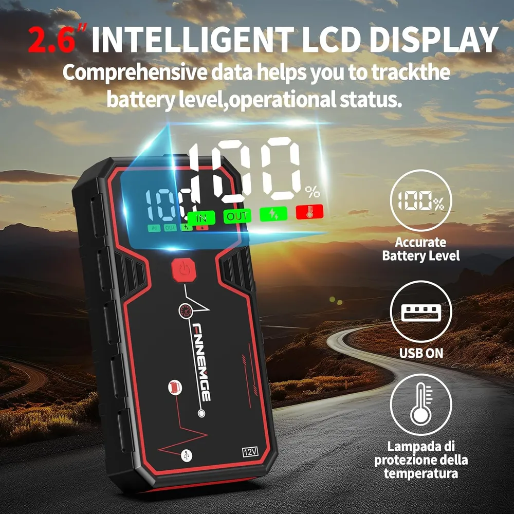 FNNEMGE Car Jump Starter 6000A Peak 21800mAh 12V Super Safe Jump Starter(Up to 8.0L Gas or 6.5L Diesel Engine), with USB Charge Output Port,LED Light,HD Large Screen.