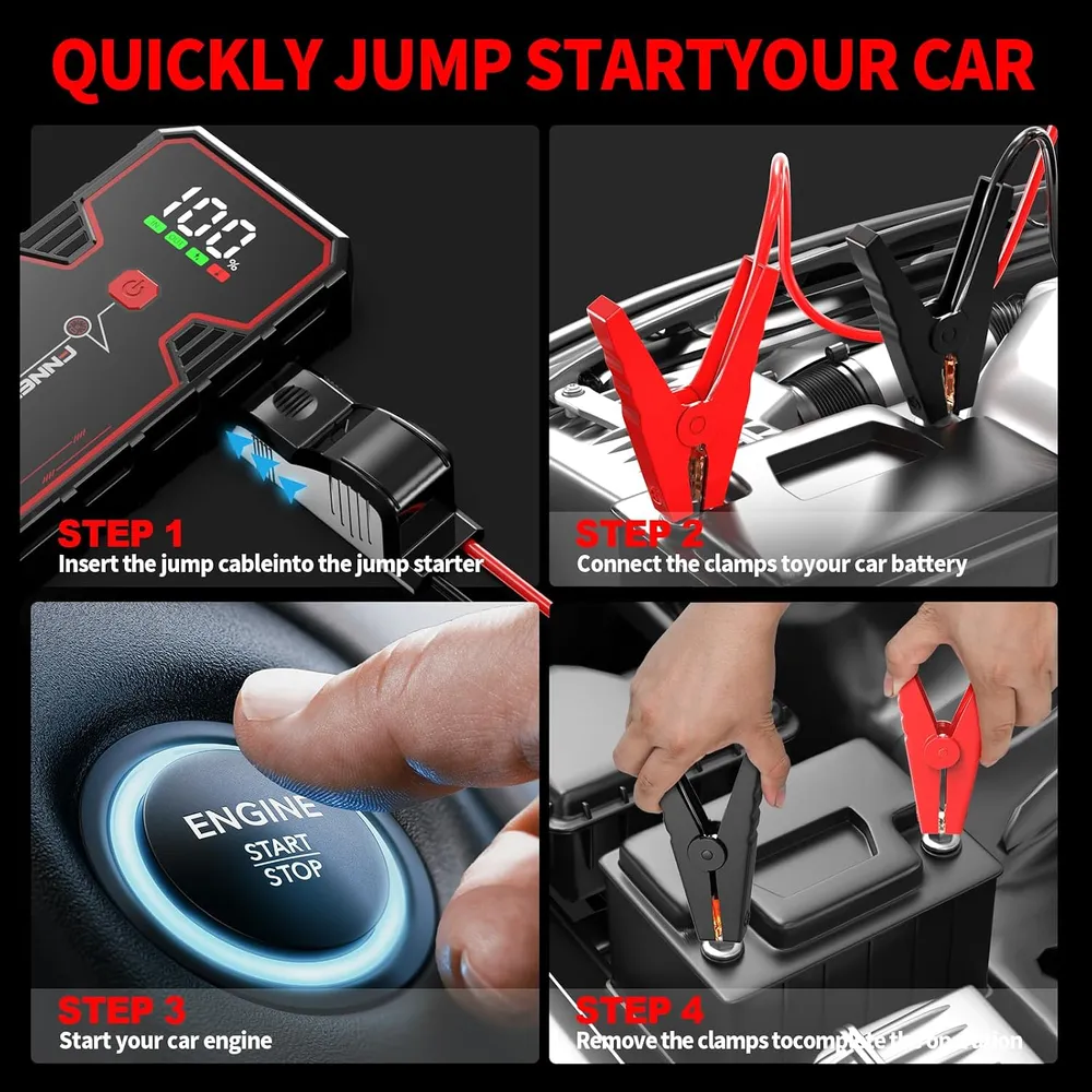 FNNEMGE Car Jump Starter 6000A Peak 21800mAh 12V Super Safe Jump Starter(Up to 8.0L Gas or 6.5L Diesel Engine), with USB Charge Output Port,LED Light,HD Large Screen.