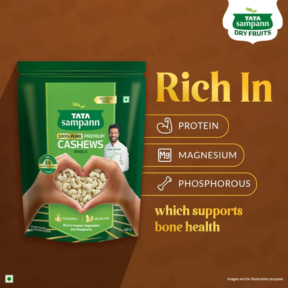 Tata Sampann Pure Cashews Whole/Kaju, 500g, Nutritious & Delicious, Premium Kaju nuts, Rich in Protein, Magnesium & Phosphorus, Deluxe Size & Crunchy Nuts