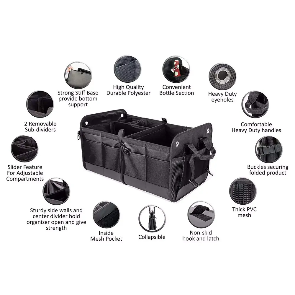 DOUBLE R BAGS Collapsible Car Trunk Organizer with 4 Compartments & 7 Pockets | Heavy Duty Polyester Storage Bag for SUV, Sedan, Minivan, Boot & Garage (Black, 32x60x37 cm)