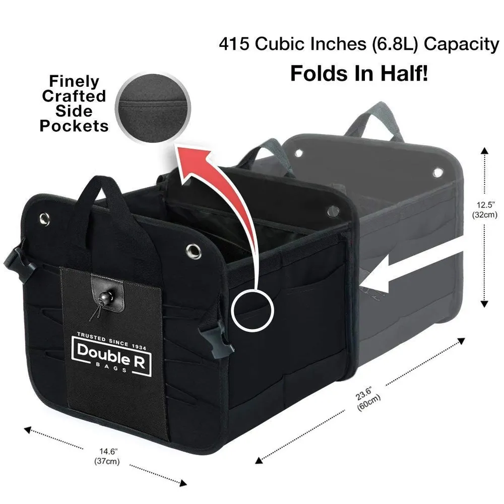 DOUBLE R BAGS Collapsible Car Trunk Organizer with 4 Compartments & 7 Pockets | Heavy Duty Polyester Storage Bag for SUV, Sedan, Minivan, Boot & Garage (Black, 32x60x37 cm)