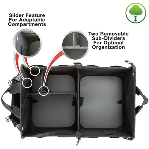 DOUBLE R BAGS Collapsible Car Trunk Organizer with 4 Compartments & 7 Pockets | Heavy Duty Polyester Storage Bag for SUV, Sedan, Minivan, Boot & Garage (Black, 32x60x37 cm)
