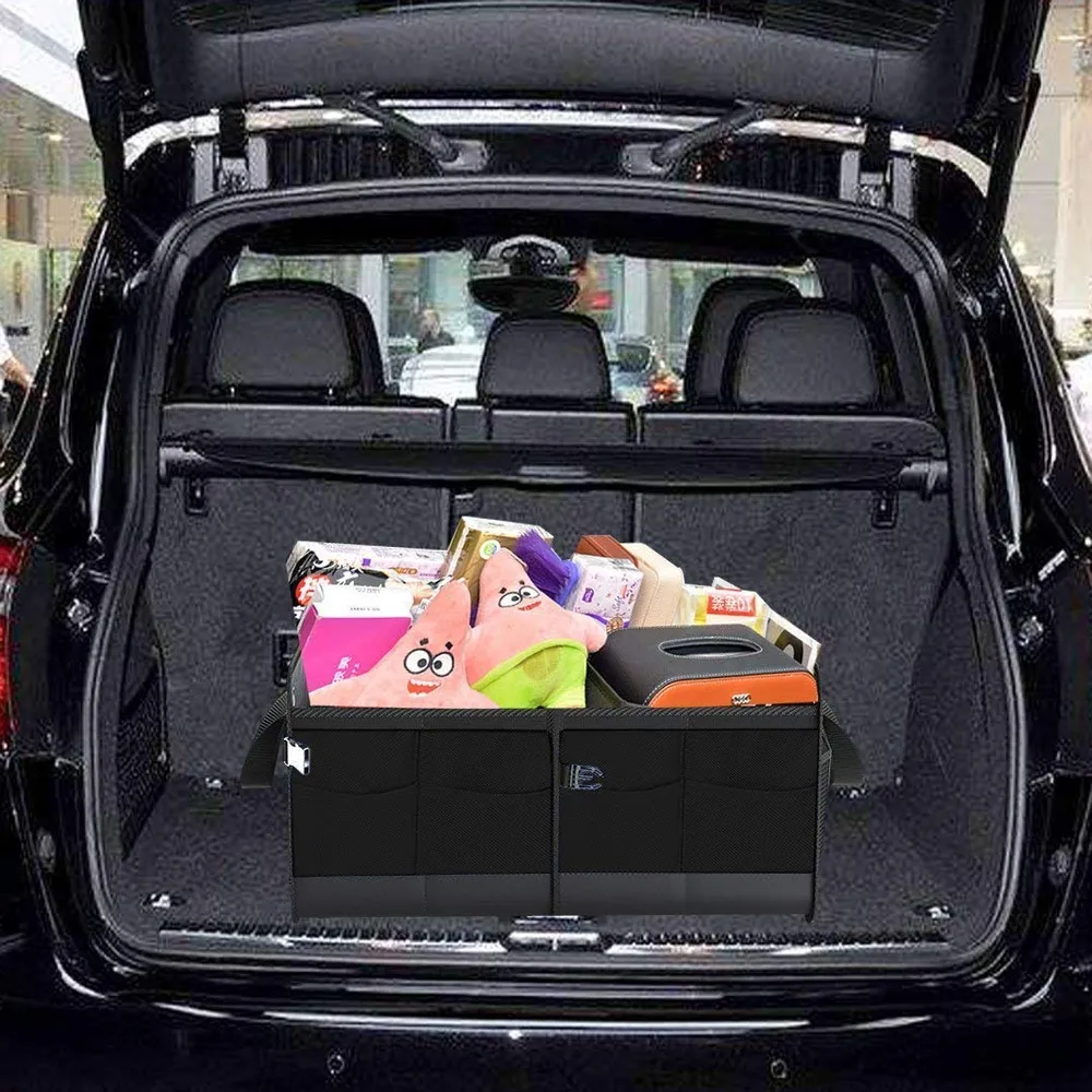 DOUBLE R BAGS Collapsible Car Trunk Organizer with 4 Compartments & 7 Pockets | Heavy Duty Polyester Storage Bag for SUV, Sedan, Minivan, Boot & Garage (Black, 32x60x37 cm)