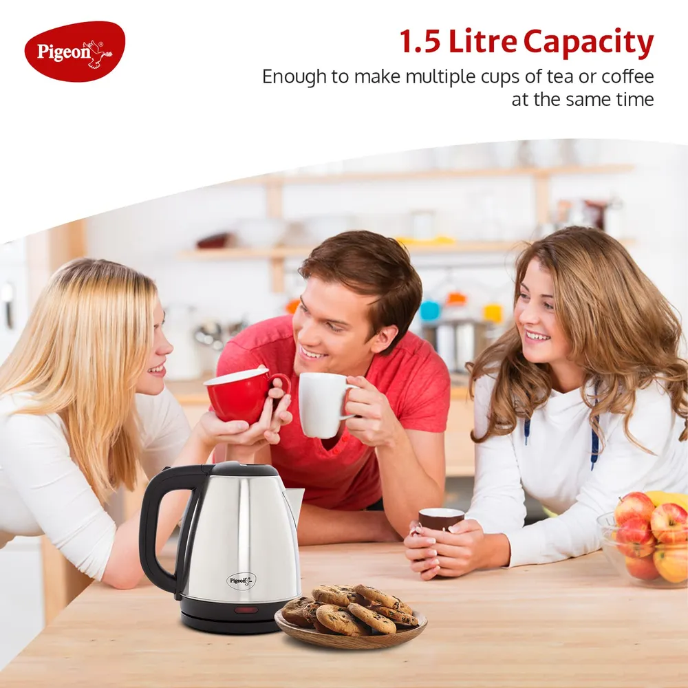 Pigeon Amaze Plus Electric Kettle 1.5 L, 1300 Watt, Stainless Steel Body with Auto Shut-off Feature Used for Boiling Water - (Silver)