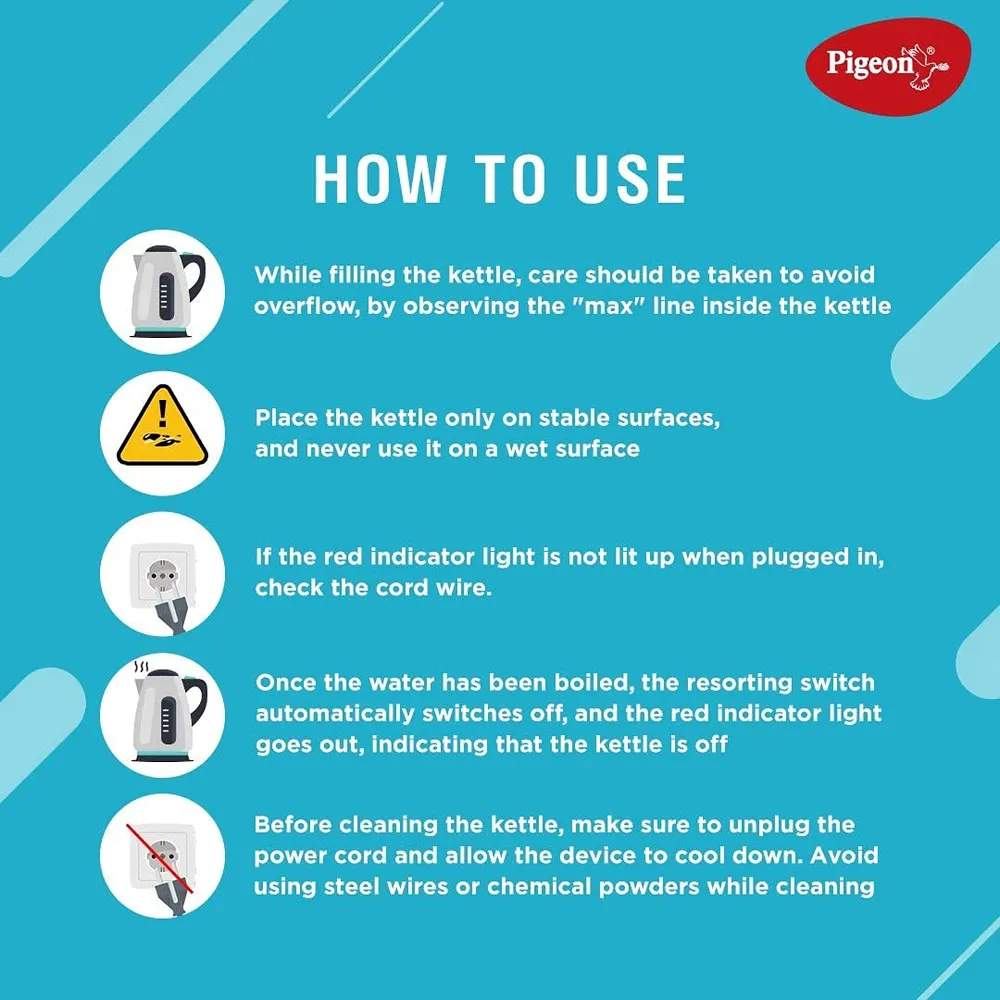 Pigeon Amaze Plus Electric Kettle 1.5 L, 1300 Watt, Stainless Steel Body with Auto Shut-off Feature Used for Boiling Water - (Silver)