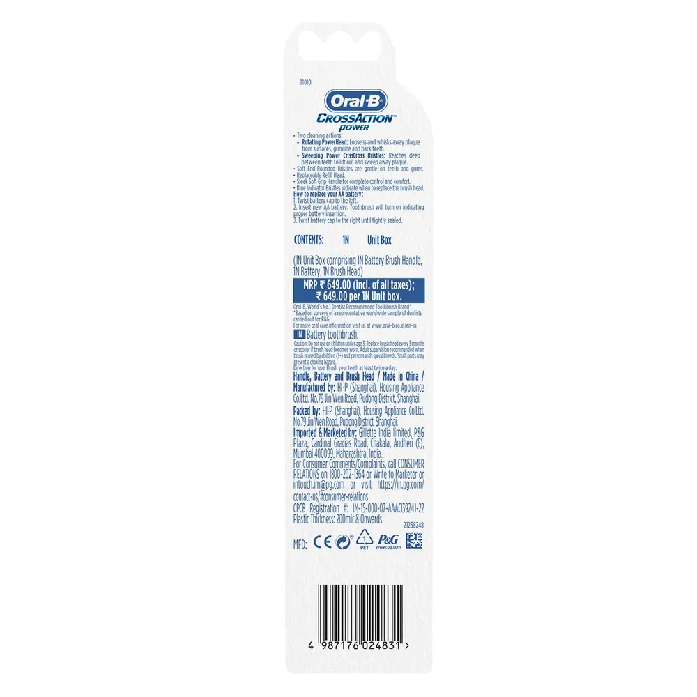 Oral B Cross Action AA Battery Electric Toothbrush for Adults, 90 Day Battery, 2 Year Warranty by Oral-B, IPX7 Water Resistant, Soft Crisscross Bristles (Blue, 1)