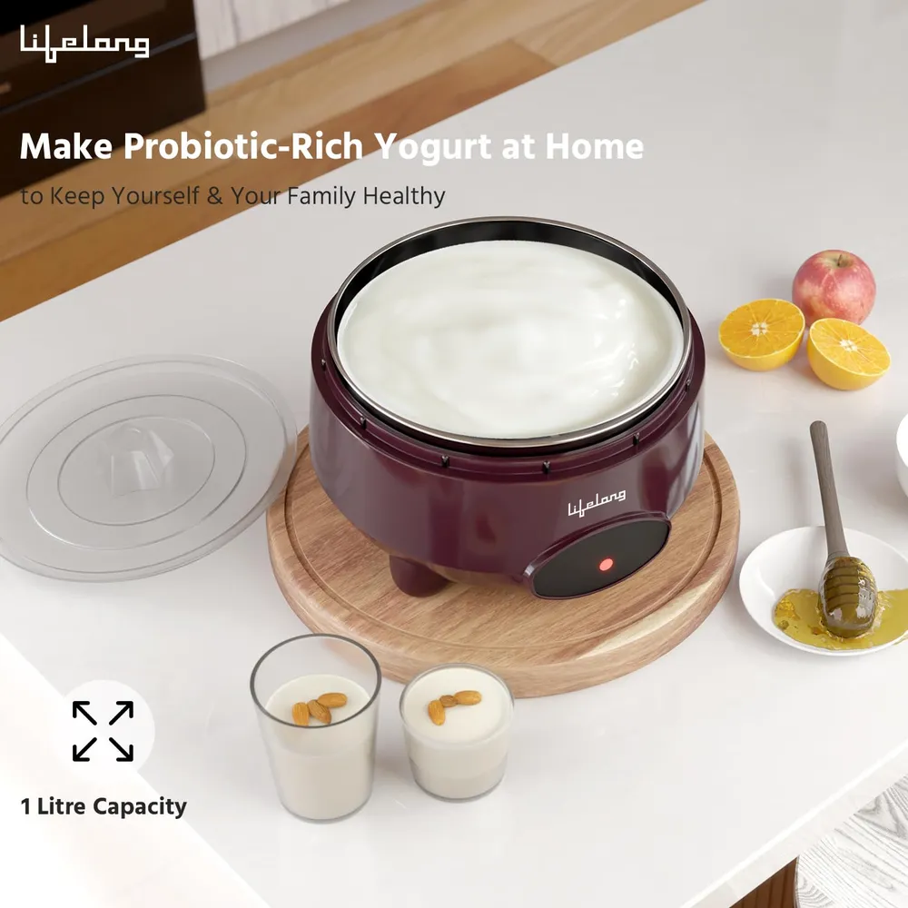 Lifelong Automatic Yogurt & Curd Maker Machine for Home | Auto Temperature Regulation | Electric Probiotic Yogurt Maker for Kitchen (1 L) | Thick Creamy Probiotic Curd |304 Stainless Steel Container