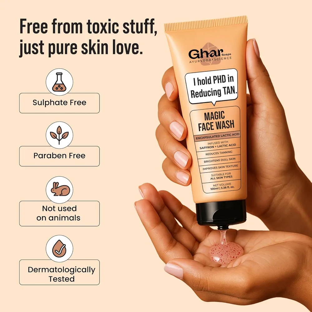 Ghar Soaps De-Tan Face Wash | For Tan Reducing, Brightening & Glowing Skin | With Sandalwood, Saffron, Coconut Oil & Goat milk | For All Skin Types | 100ml (Pack of 1)