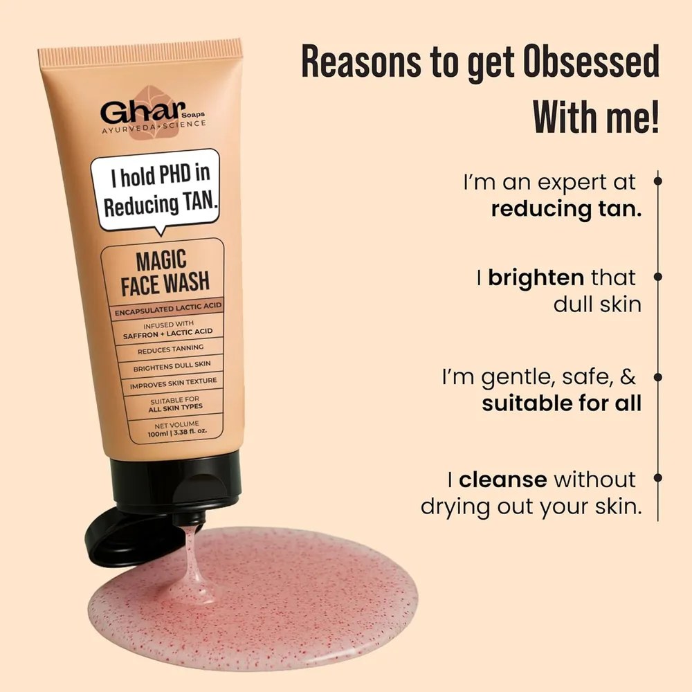 Ghar Soaps De-Tan Face Wash | For Tan Reducing, Brightening & Glowing Skin | With Sandalwood, Saffron, Coconut Oil & Goat milk | For All Skin Types | 100ml (Pack of 1)