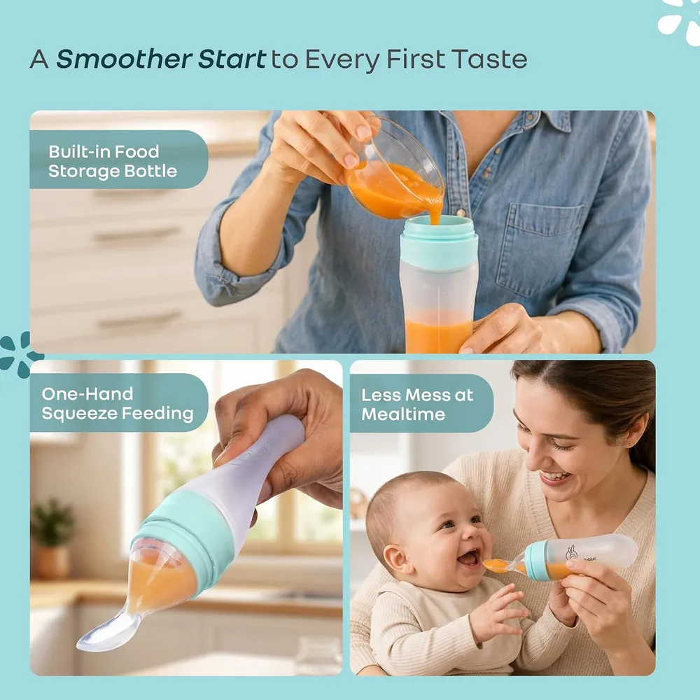 R for Rabbit First Feed Food Feeder for Kids, 90ml Capacity, Premium Soft Silicone Spoon Food Grade BPA Free Material for Kids of 12+ Months (Blue)