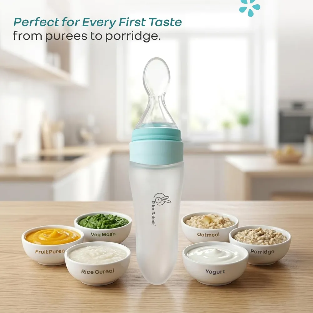 R for Rabbit First Feed Food Feeder for Kids, 90ml Capacity, Premium Soft Silicone Spoon Food Grade BPA Free Material for Kids of 12+ Months (Blue)