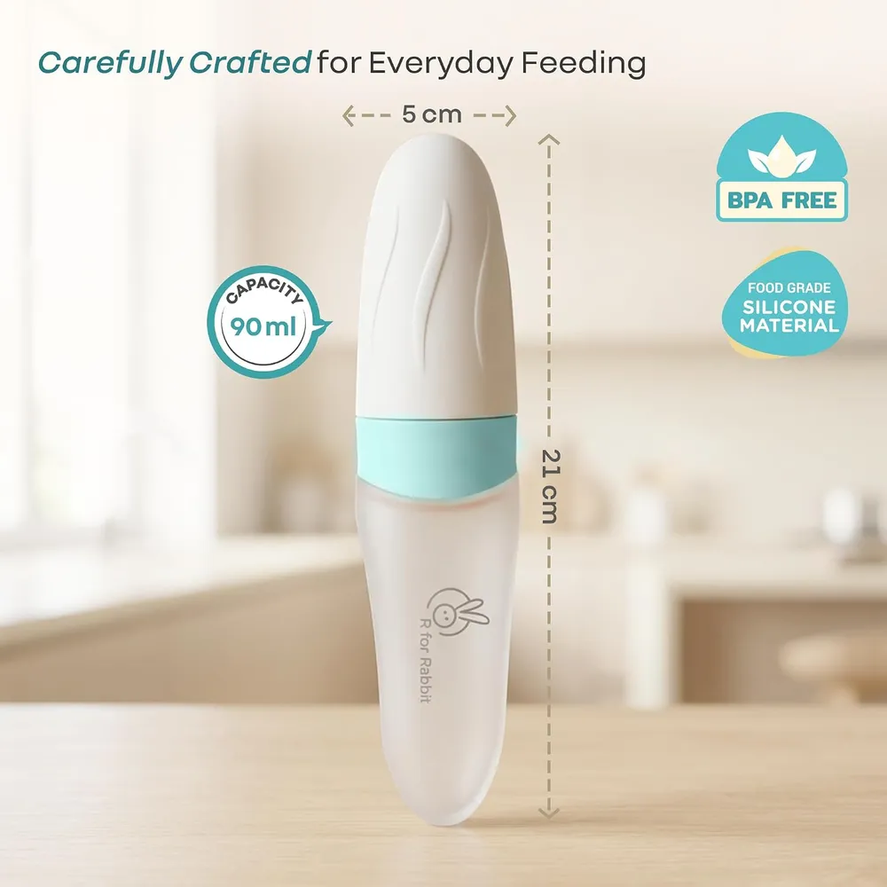 R for Rabbit First Feed Food Feeder for Kids, 90ml Capacity, Premium Soft Silicone Spoon Food Grade BPA Free Material for Kids of 12+ Months (Blue)