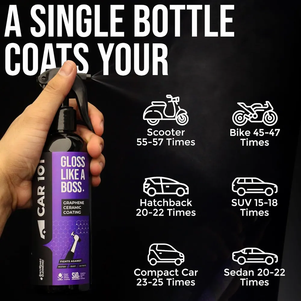 CAR101 Graphene Coating Spray - 300ml | Ceramic + Hydrophobic Finish | Advanced UV Protection | Extreme Gloss | Easy DIY Application | For Cars & Bikes,Multicolor