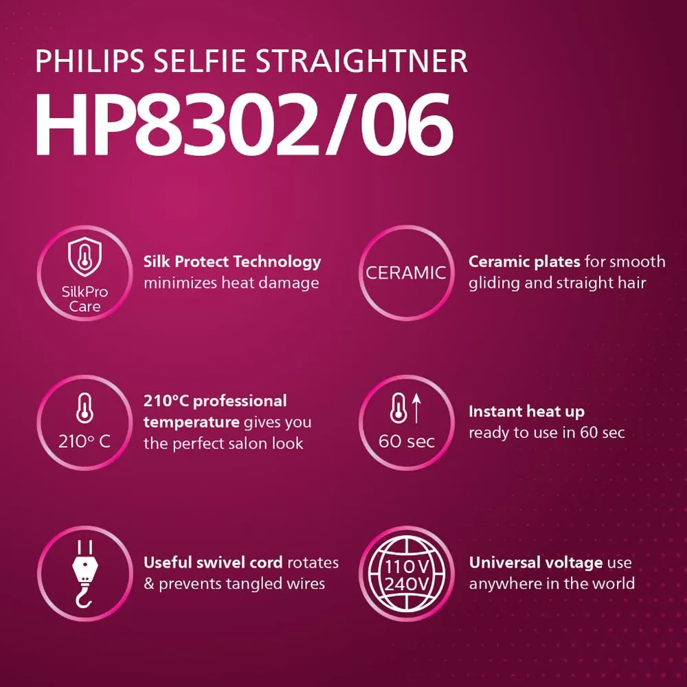 Philips India's No.1 Hair Styling Brand Selfie Hair Straightener, Minimized Heat Damage,SilkPro Care, Ceramic Plates,Smooth Shiny Straight Hair, 210°C Temp, Salon like Result | For Indian Hair, HP8302