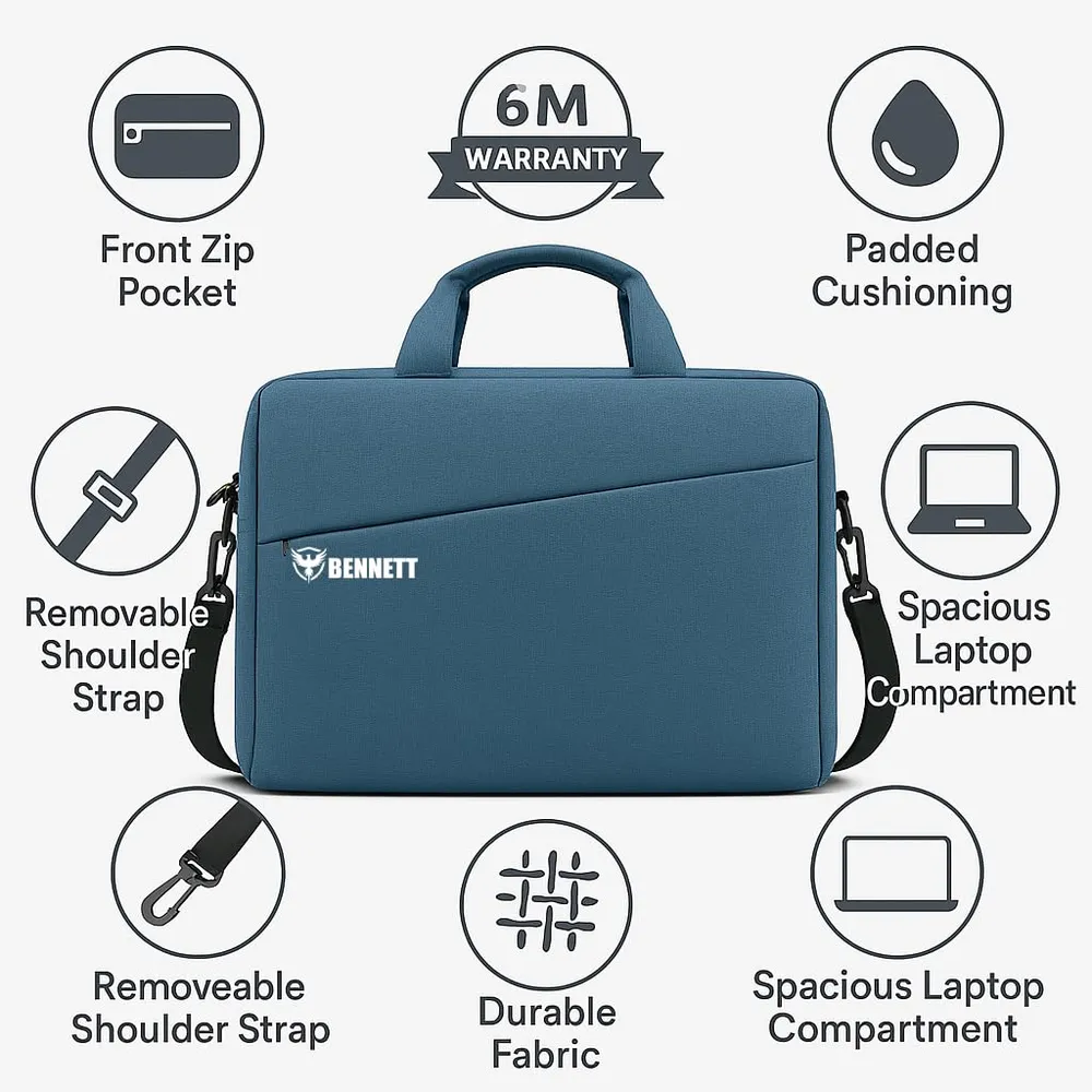 Bennett™ Mystic Formal Business Briefcase Bag Crossbody Messenger College Bags for Men Women MacBook INoteBook ITablet Laptop Upto 15.6 Inch | Handbags with Shoulder Straps (Blue) 6 Months Warranty