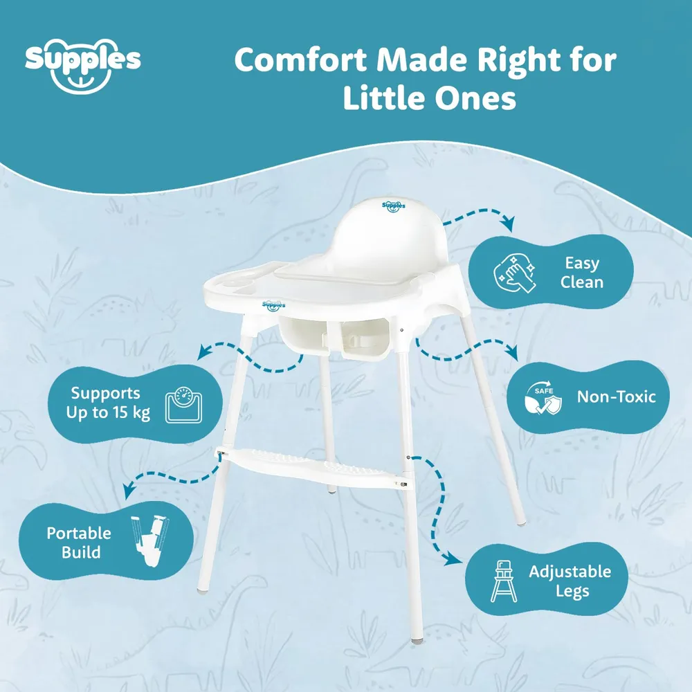 Amazon Brand - Supples 3-in-1 High Chair for Babies & Kids | Supports Up to 15 Kg | Detachable & Portable | Suitable for Kids Aged 6 Months to 3 Years | White