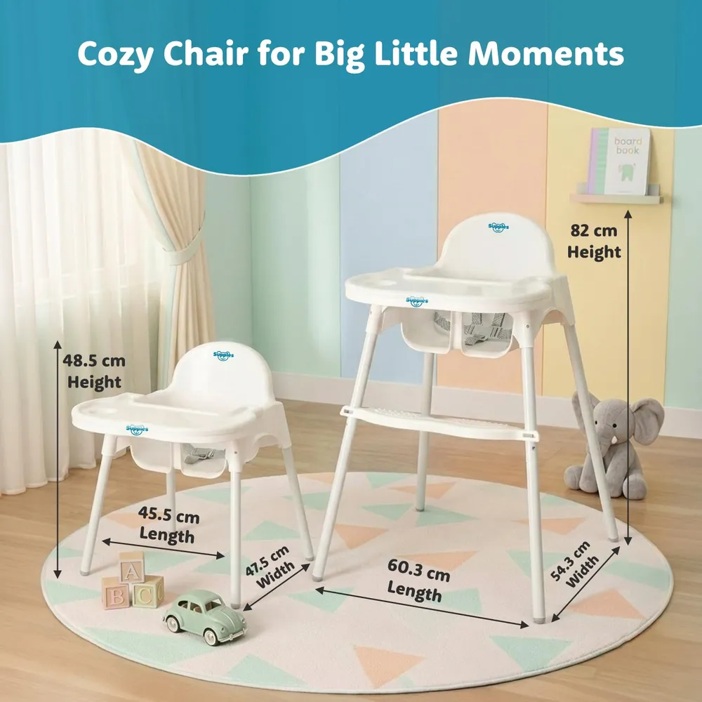 Amazon Brand - Supples 3-in-1 High Chair for Babies & Kids | Supports Up to 15 Kg | Detachable & Portable | Suitable for Kids Aged 6 Months to 3 Years | White