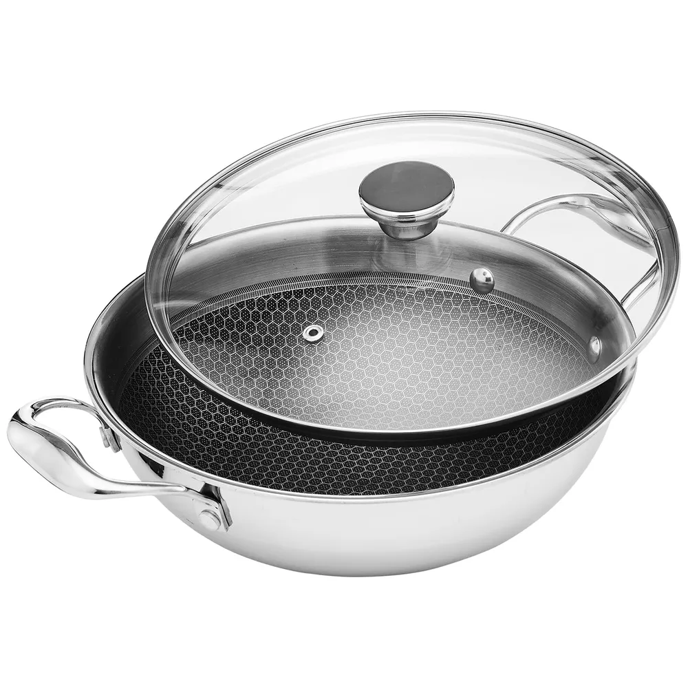 Amazon Basics Non-Stick Honeycomb Triply Stainless Steel Kadhai with Glass Lid, 24 cm - 2.7L, Fast & Even Heating, Induction & Gas Compatible